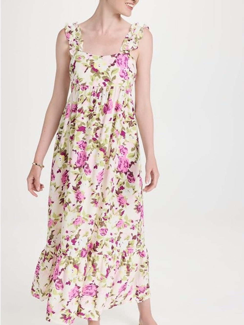 En Saison Floral Smocked Maxi Dress in Pink, Green & Cream